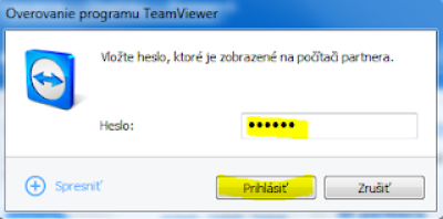 Zadání hesla z počítače partnera a přihlášení