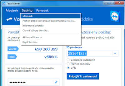 Hlavní okno TeamViewer po spuštění